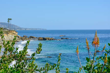 Scenic San Clemente Ocean side close to pier and rails pacific surflinerの写真素材