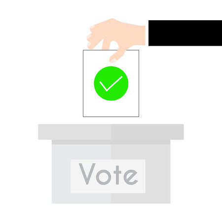 Vector illustration voting concept - hand putting voting paper in the ballot box. Hand casting a vote. Vote ballot in hand with box in flat style. Infographics concept vote pros and cons.のイラスト素材