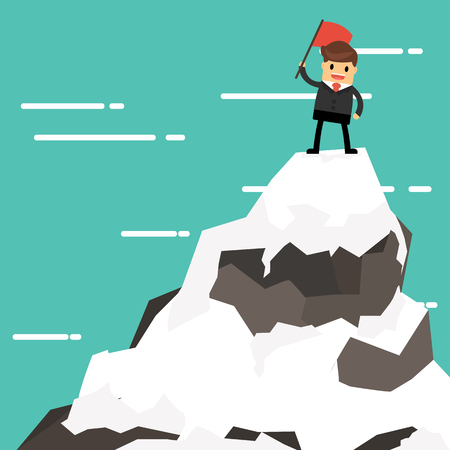 Businessman on a Mountain peak, success and mission. Flat style.のイラスト素材