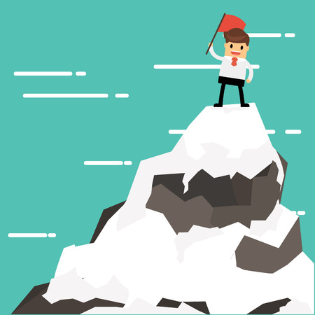 Businessman on a Mountain peak, success and mission. Flat style.のイラスト素材