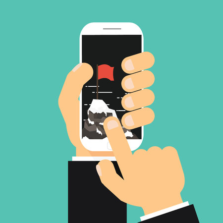 Businessman hand click pointe success and mission on cell phone . Red flag on a Mountain peak . Flat style.のイラスト素材