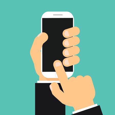 Businessman hand holding smartphone and touching screen. Flat style.のイラスト素材