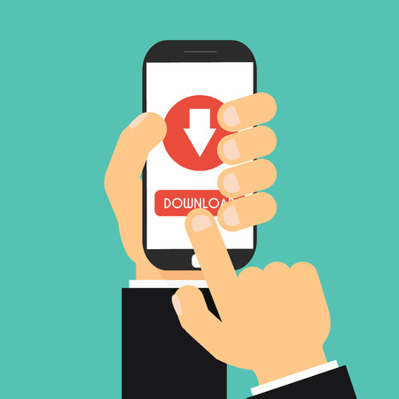 Businessman hand holding smartphone with file download button on the screen.のイラスト素材