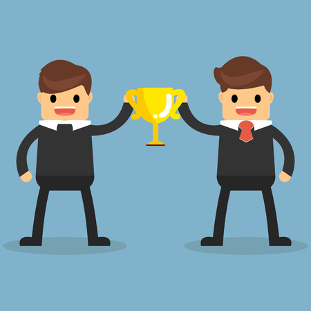 Happy businessman holding winning trophy.のイラスト素材