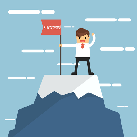 Businessman on a Mountain peak, success and mission. Flat style.のイラスト素材