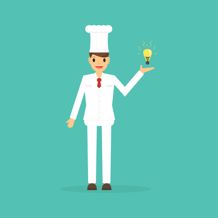 Chef cook came up with an idea for a recipe.
. big idea concept with chef and light bulb.  Concept of having an idea.のイラスト素材