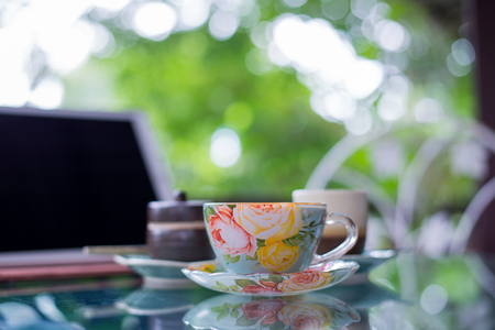 Beautiful cup of hot drink with coffee in coffee shop.の写真素材