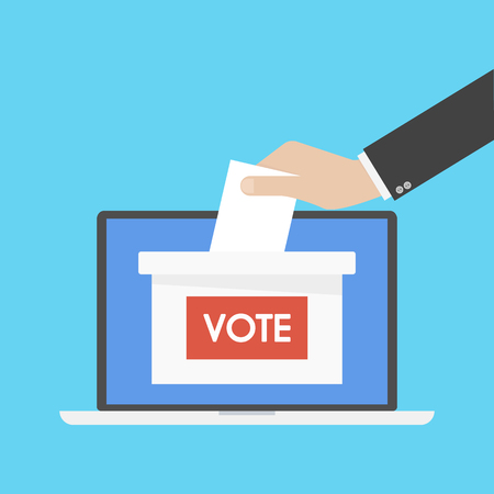 Hand putting paper in the ballot box. Voting concept.のイラスト素材