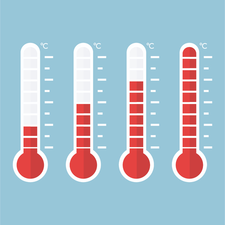 Thermometer equipment showing hot or cold weather. Thermometer Icon.Celsius and fahrenheit meteorology thermometers measuring , vector illustration.のイラスト素材