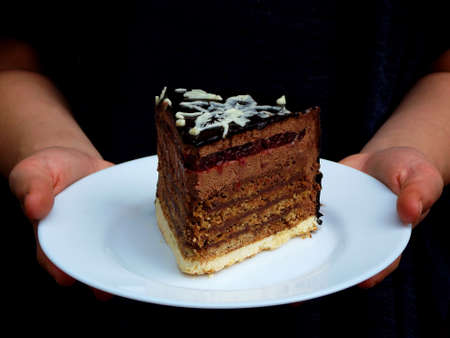 a piece homemade chocolate cake covered a mirror coating