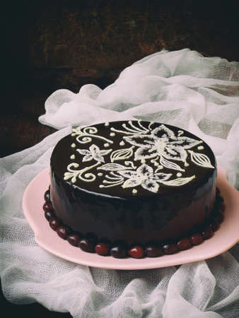 homemade chocolate cake covered a mirror coatingの写真素材