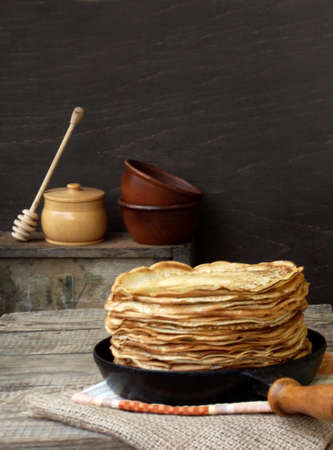 delicious russian pancakes on wooden background. Maslenitsa.の写真素材