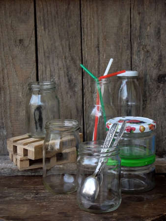 Still life with glassware on wood tableの写真素材
