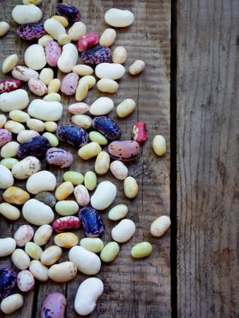 young beans of different varieties and colors with a side border on a wooden background. selective focusの写真素材