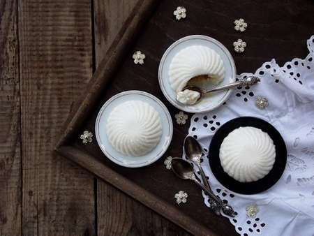 dessert panna cotta on wooden background. Panacottaの写真素材