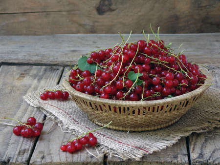 Red currants in a basket on a wooden background - rustic foto