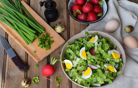 Vitamin salad from lettuce, radish, green onions and eggs, seasoned with vegetable oil and mustard in plate on wooden background. Healthy foodの写真素材