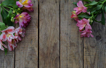 Pink lily flowers border. Birthday, Mother's day, Valentine's Day, March 8, Wedding card or invitation. Floral decorative frame. Festive background. Top viewの写真素材