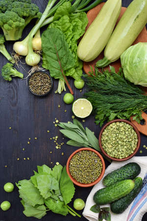 Composition on a dark background of green organic vegetarian products: green leafy vegetables, mung beans, zucchini, garlic, onions, cucumbers, peppers, lime. Top viewの写真素材