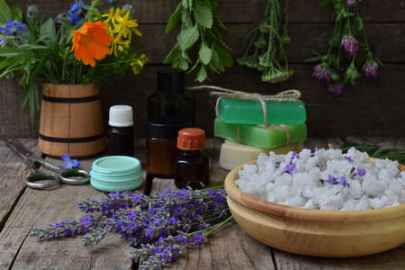 Composition of fresh herbs and flower: sage, mint, lavender, calendula, clover, yarrow. Natural alternative medicine or osmetologyの写真素材