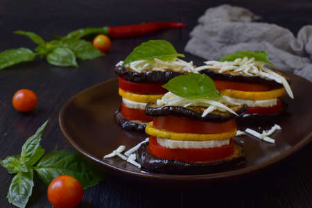 Appetizer from eggplants, zucchini, tomatoes and young cheese on a dark background. Vegetarian food. Ratatouille.の写真素材