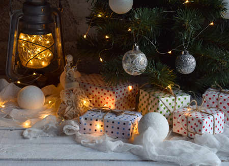 Christmas and new year holiday celebration concept background. Lighted candles, xmas tree...