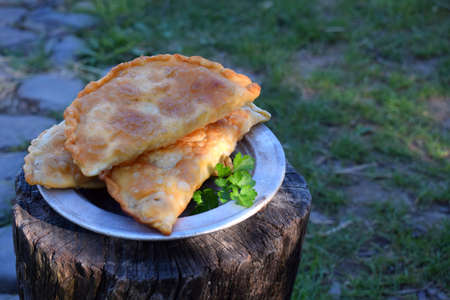 Hot fried chebureks. Fried pasties. Pie with meat and onion, traditional turkish and mongolian dish. Meal cooked outdoors on an open fireの写真素材