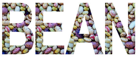Word bean laid out to from colourful multi-colored beans. Healthy food concept. Vegetarian product....