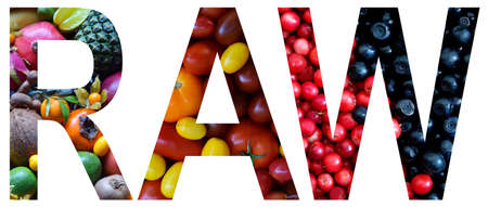 Word raw laid out to from colourful multi-colored fruits and vegetables. Healthy food concept. Vegetarian product. Organic Raw Produceの写真素材