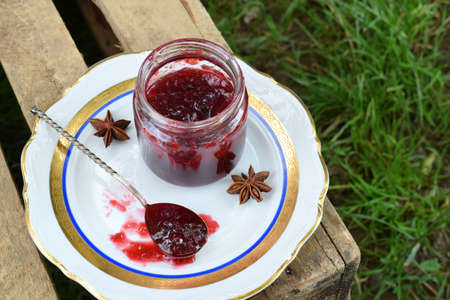 Plum jam with star anise and cinnamon. Fruit marmalade. Autumn canning and preserving. Conservation of harvest. Organic healthy vegetarian foodの写真素材