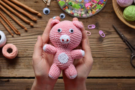 Pink pig. Crochet toy for child. On table threads, needles, hook, cotton yarn. Handmade crafts. DIY concept, Small business. Income from hobbyの写真素材