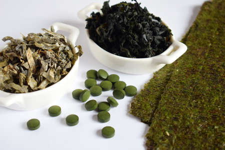 Dried seaweed: nori, wakame, kelp spirulina chlorella Superfood Healthy foodの写真素材