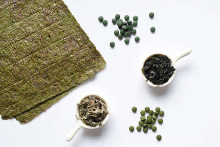 Dried seaweed: nori, wakame, kelp spirulina chlorella Superfood Healthy foodの写真素材