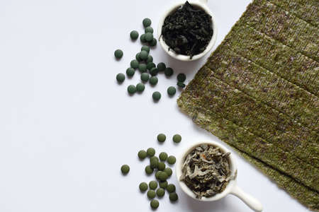 Dried seaweed: nori, wakame, kelp spirulina chlorella Superfood Healthy food