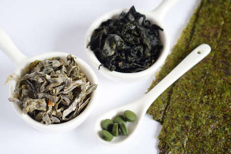Dried seaweed: nori, wakame, kelp spirulina chlorella Superfood Healthy food