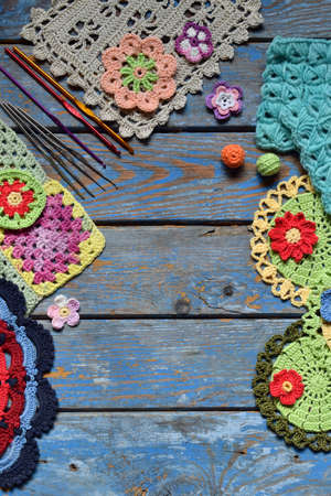 Equipment for knitting and crochet (hook, colorful rainbow cotton yarn, ball of threads, wool,...