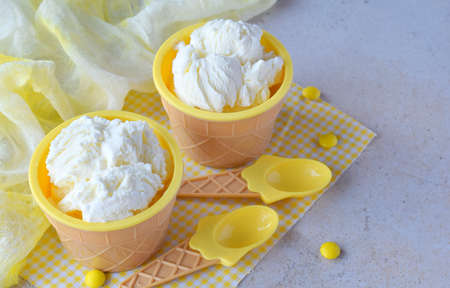 Homemade vanilla ice cream on marble background. White frozen delicious dessert in individual glass.