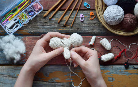 Making crochet white dog. The toy for babies or trinket. On the table threads, needles, hook, cotton...