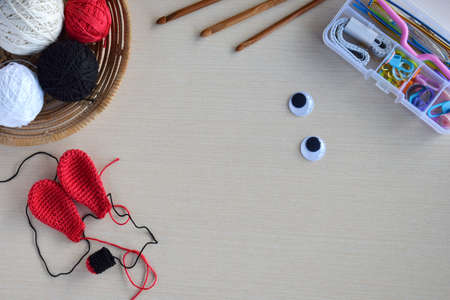 Equipment for knitting and crochet hook, colorful rainbow cotton yarn, ball of threads, wool....