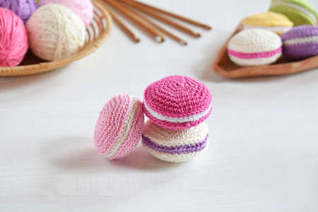 Crochet amigurumi french macarons. The toy for babies or trinket. Threads, needles, hook, cotton...