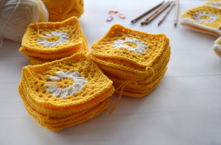 Crochet handmade granny square pattern, crocheting supplies, assorted colored wool yarn, hook, knitting crochetingの写真素材