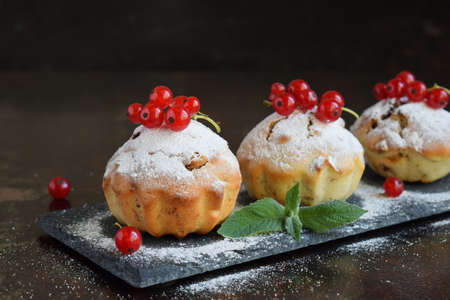 Sweet muffin from gluten free flour and walnut, sprinkled with sugar powder. homemade baking....