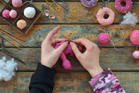 Crochet pink dinosaur. Making toys for children. On the table threads, needles, hook, cotton yarn. Step 1 - knit all details of toy. handmade crafts. DIY concept. small business. Income from hobbyの写真素材
