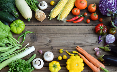 White, yellow, green, orange, red, purple fruits and vegetables on wooden background. Healthy food. Multicolored raw food. Copy spaceの写真素材