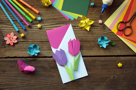Crafting Handmade Cards with Paper Flowers, Birds and Butterflies. Perfect Gifts for Special Occasions. Creating Unique Greeting Card Featuring Origami, Quilling. Lovely Present for Any Occasion. Heartfelt Holiday Gift for Valentines, Friendship, Mothers Day, Birthdays, Weddings, Anniversaries, Easter.の写真素材
