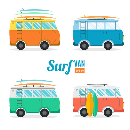 Surf Van Set. Flat Design. Summer Vacation Time. Vector illustrationのイラスト素材