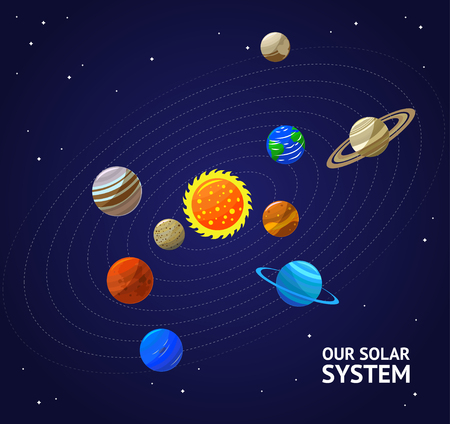 Solar System Planets and Sun on a Dark Sky. Flat Design Style. Vector illustrationのイラスト素材