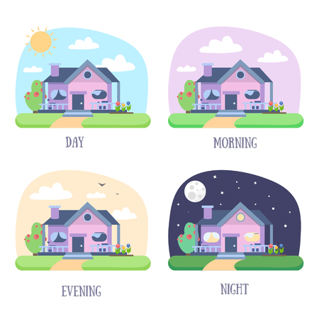 House Building Set. Different Times Of The Day. Flat Design Style. Vector illustrationのイラスト素材