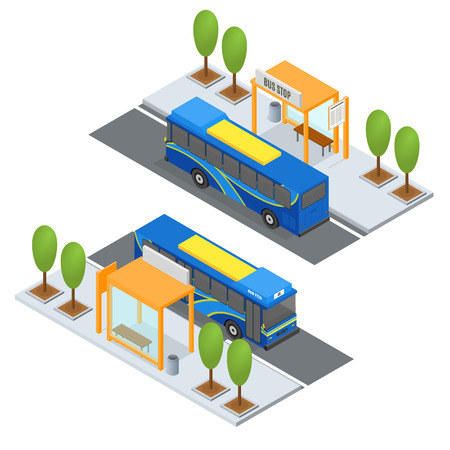 Bus Station and Public Transportation. Isometric View. Vector illustrationのイラスト素材