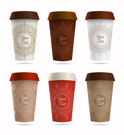 Paper Coffee or Tea Cup and Ornament Set. Vector illustrationのイラスト素材